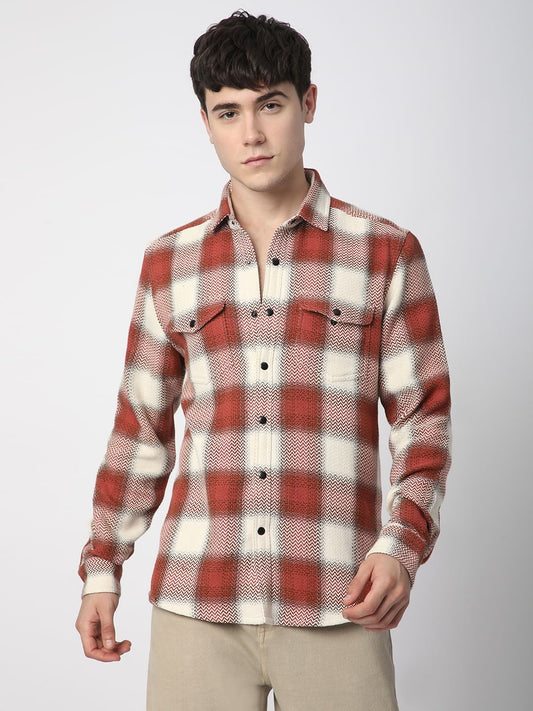 Crimson Red Tweed Checks Double Flap Pocket Shirt