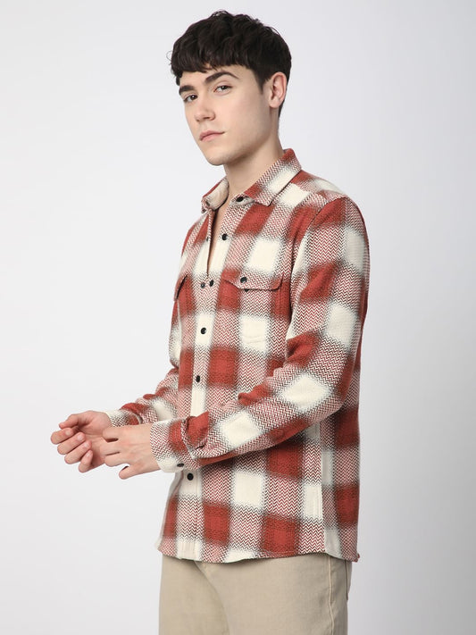 Crimson Red Tweed Checks Double Flap Pocket Shirt