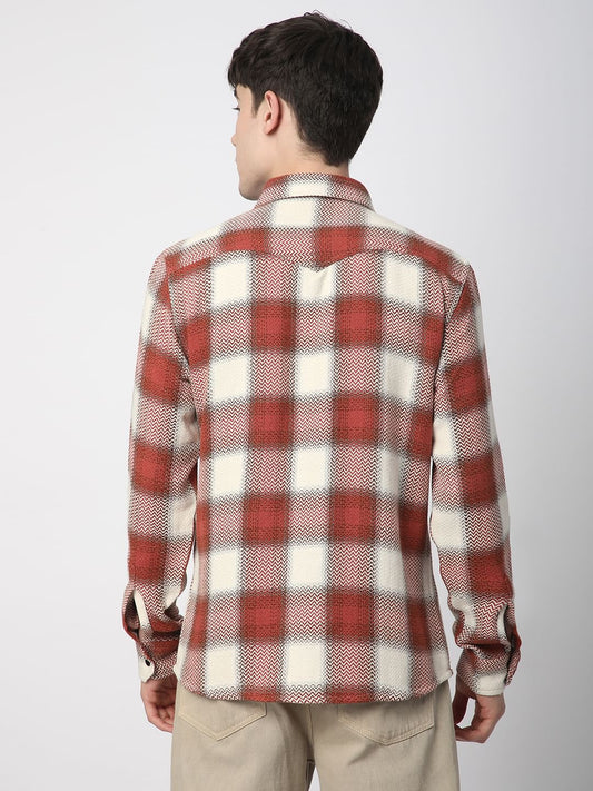 Crimson Red Tweed Checks Double Flap Pocket Shirt