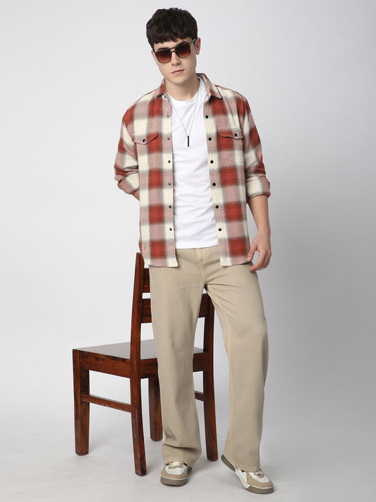 Crimson Red Tweed Checks Double Flap Pocket Shirt
