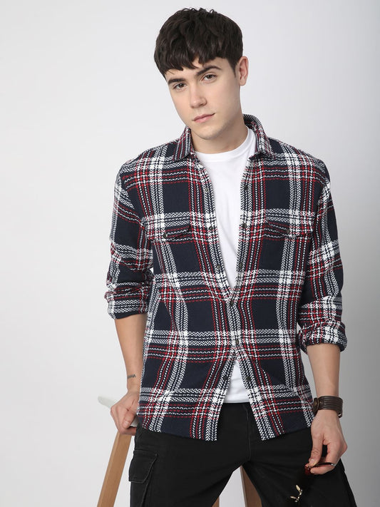 Navy Tweed Checks Double Flap Pocket Overshirt