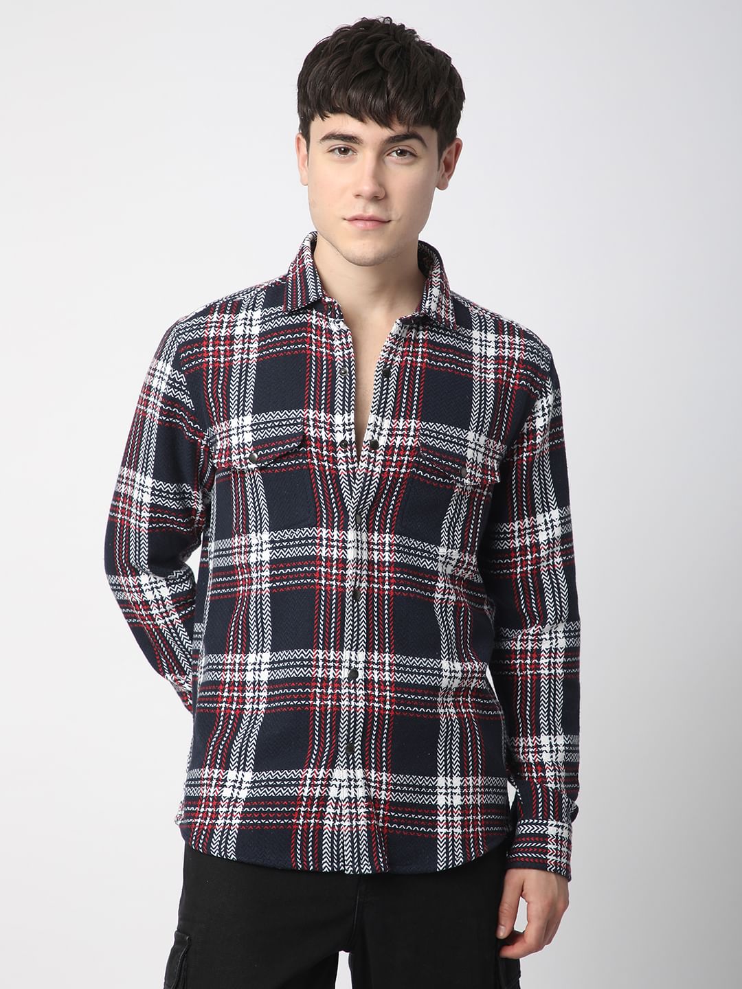 Navy Tweed Checks Double Flap Pocket Overshirt