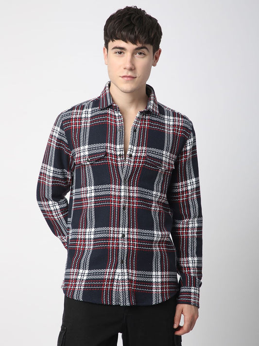 Navy Tweed Checks Double Flap Pocket Overshirt