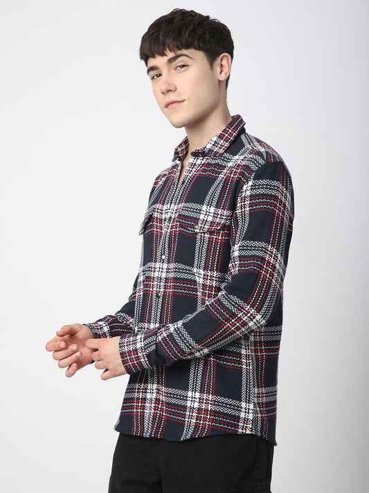 Navy Tweed Checks Double Flap Pocket Overshirt