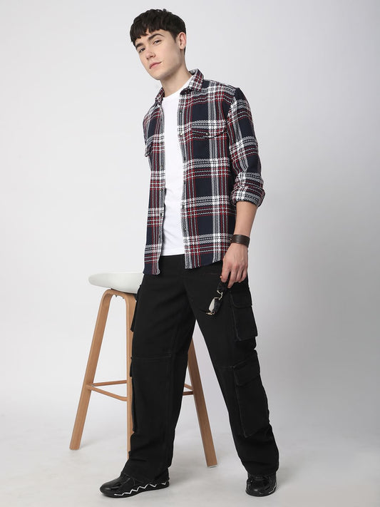 Navy Tweed Checks Double Flap Pocket Overshirt