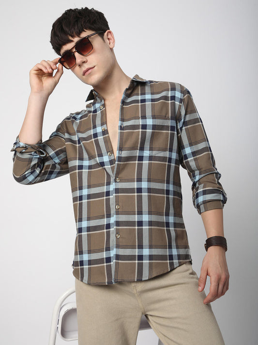 Premium Cotton Brown & Navy Tartanique Checked Shirt
