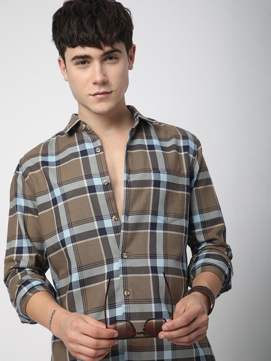 Premium Cotton Brown & Navy Tartanique Checked Shirt
