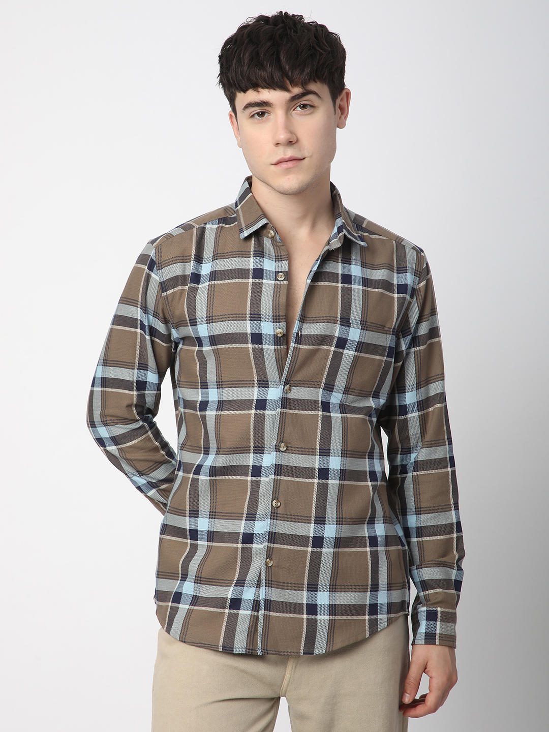 Premium Cotton Brown & Navy Tartanique Checked Shirt
