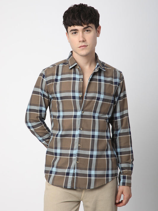 Premium Cotton Brown & Navy Tartanique Checked Shirt