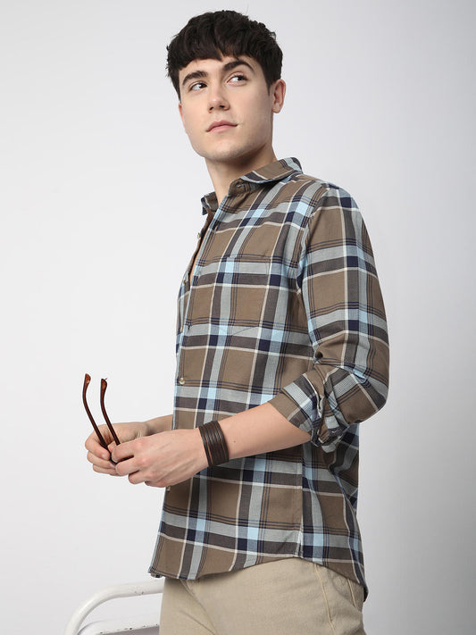 Premium Cotton Brown & Navy Tartanique Checked Shirt