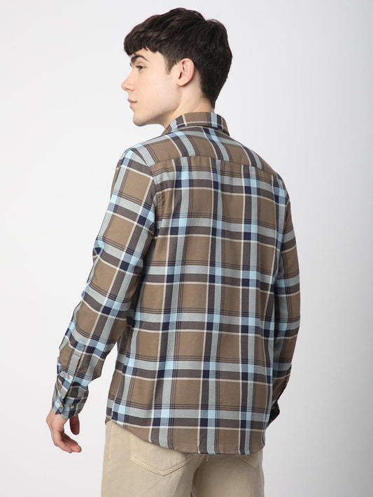 Premium Cotton Brown & Navy Tartanique Checked Shirt