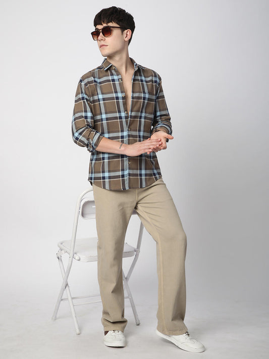 Premium Cotton Brown & Navy Tartanique Checked Shirt