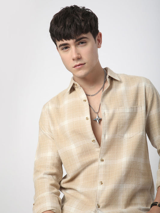 Beige Tattersall Checked Flannel Shirt