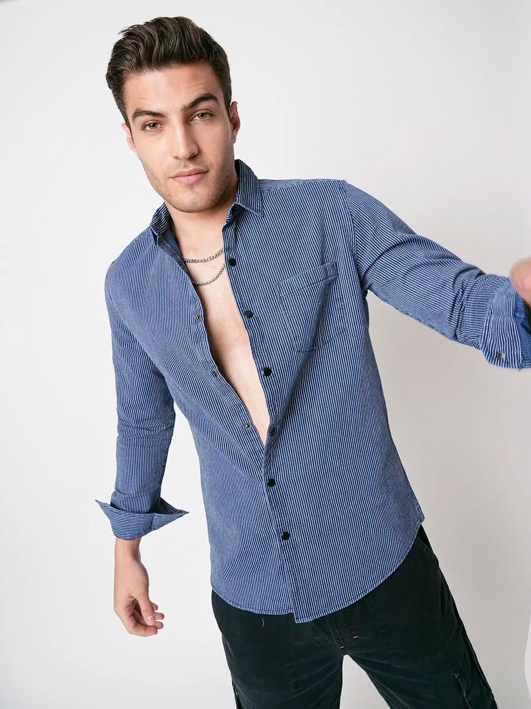 Soigné Navy Pinstripe Denim Shirt