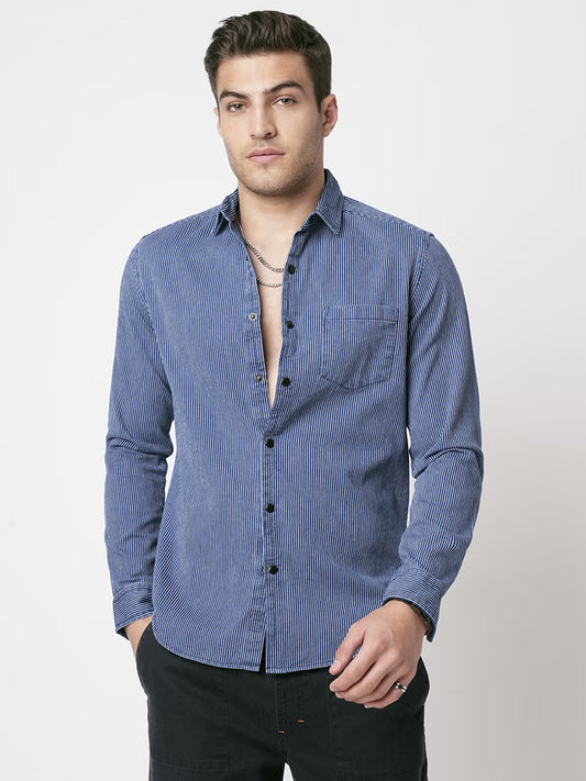 Soigné Navy Pinstripe Denim Shirt