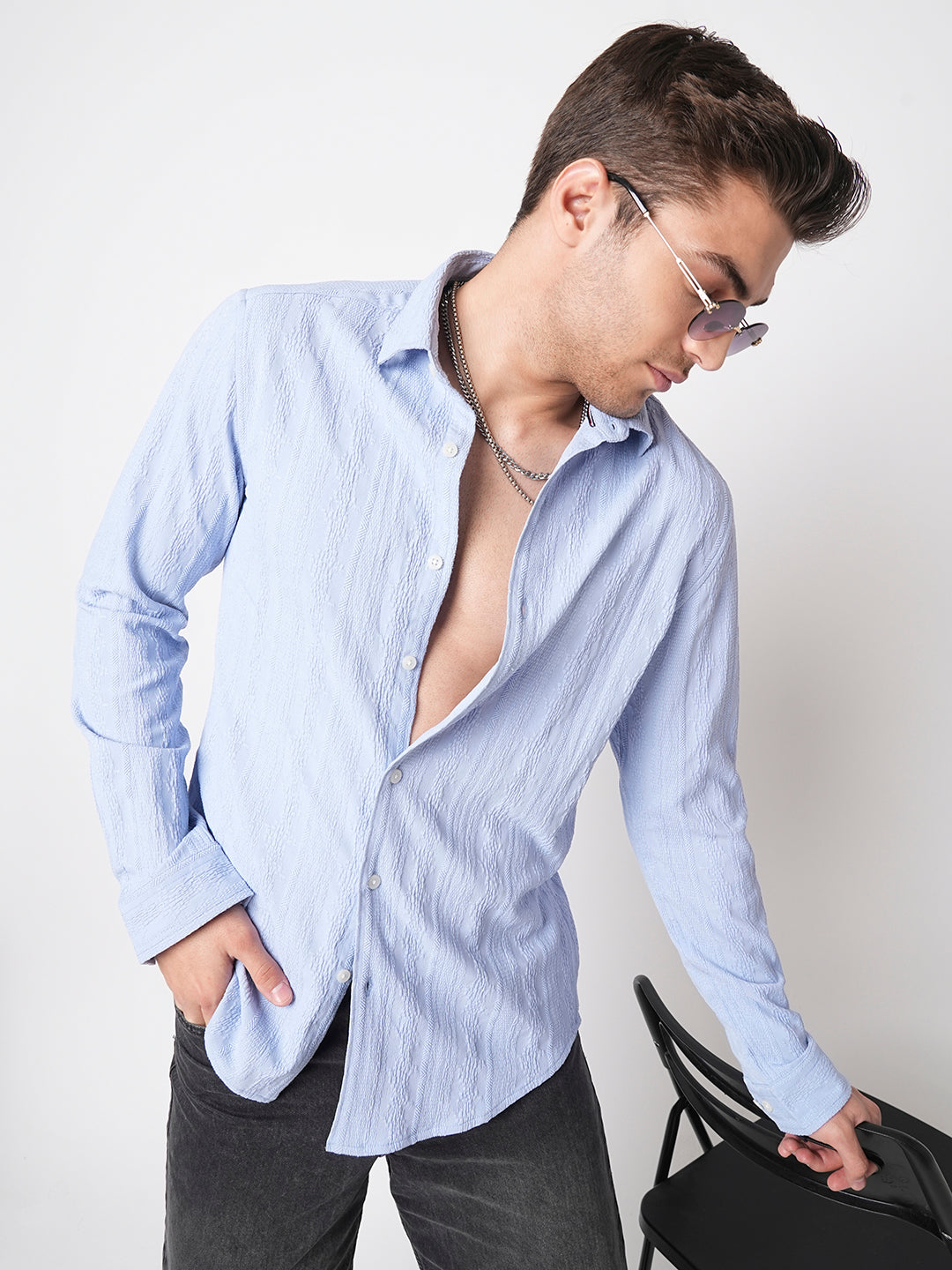Exquisite Baby Blue Jacquard Shirt
