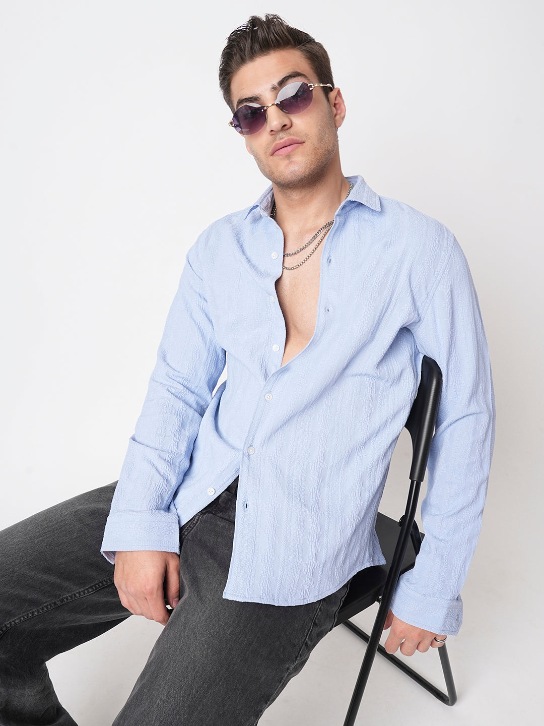 Exquisite Baby Blue Jacquard Shirt