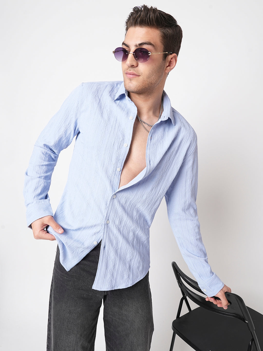 Exquisite Baby Blue Jacquard Shirt