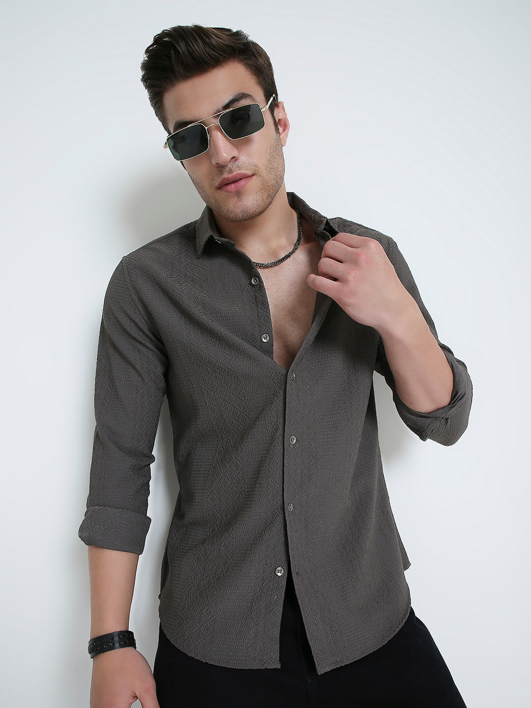 Intricate Diamond Textured Olive Shirt