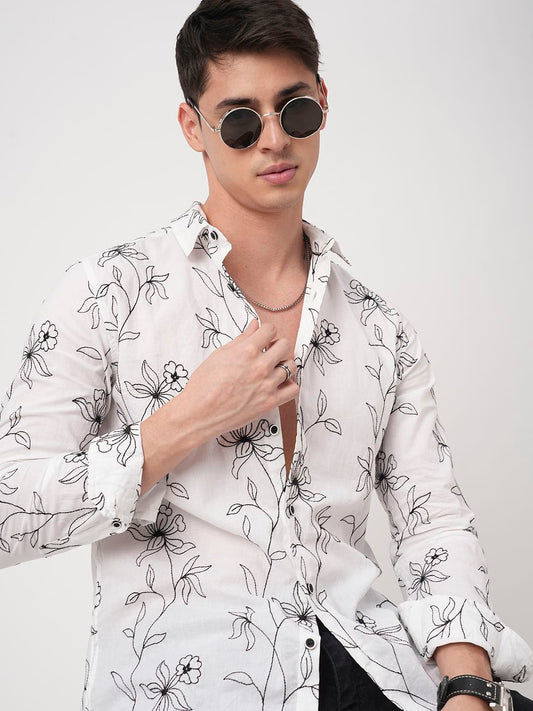 Lucullan Blooming Contrast Embroidered White Shirt