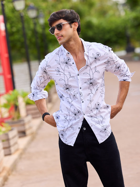 Lucullan Blooming Contrast Embroidered White Shirt