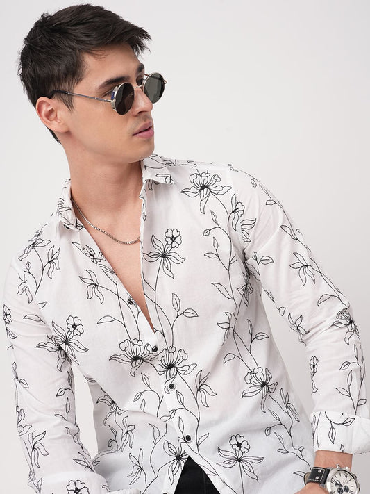 Lucullan Blooming Contrast Embroidered White Shirt