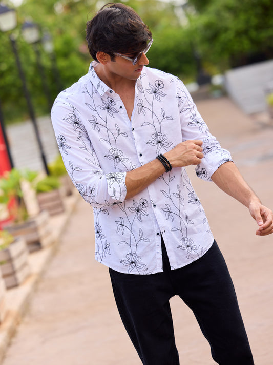 Lucullan Blooming Contrast Embroidered White Shirt