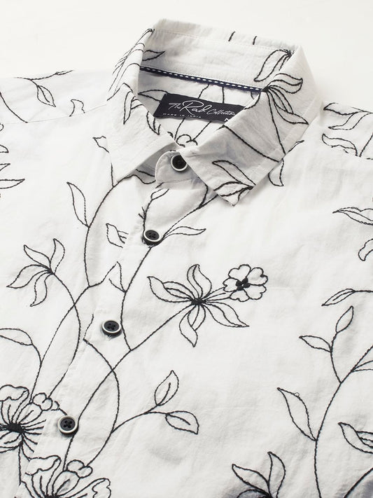 Lucullan Blooming Contrast Embroidered White Shirt