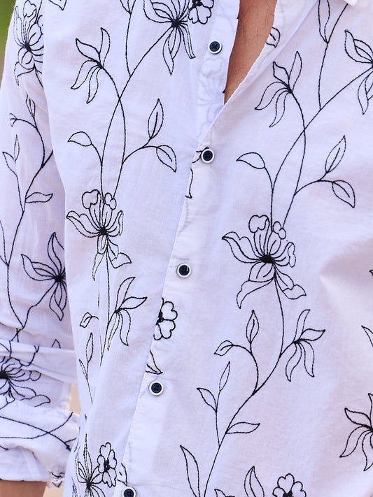 Lucullan Blooming Contrast Embroidered White Shirt