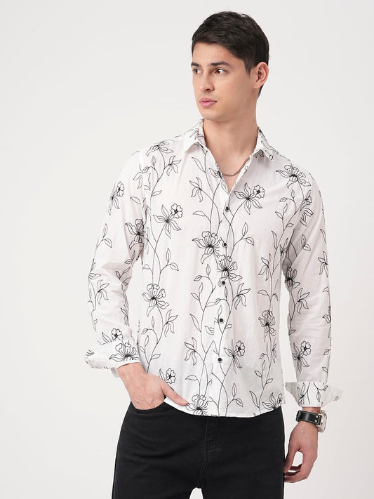 Lucullan Blooming Contrast Embroidered White Shirt
