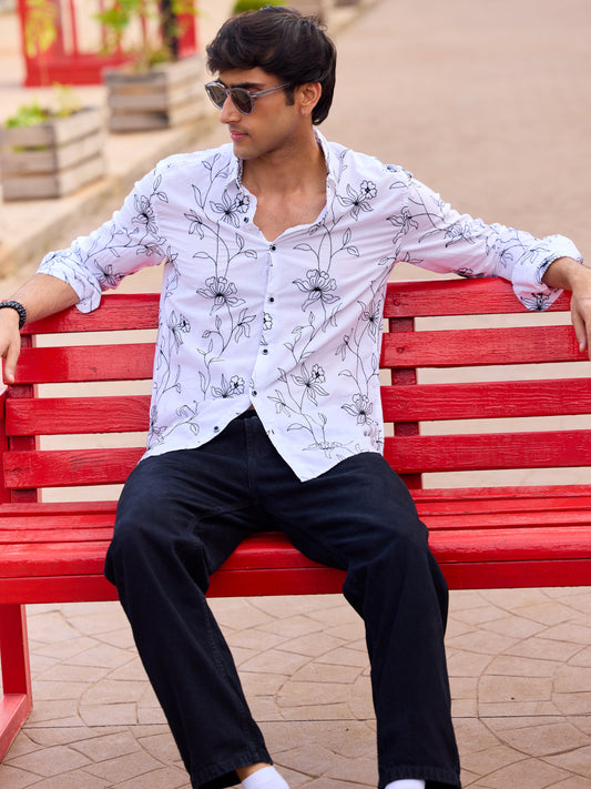Lucullan Blooming Contrast Embroidered White Shirt