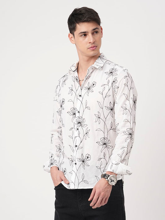 Lucullan Blooming Contrast Embroidered White Shirt