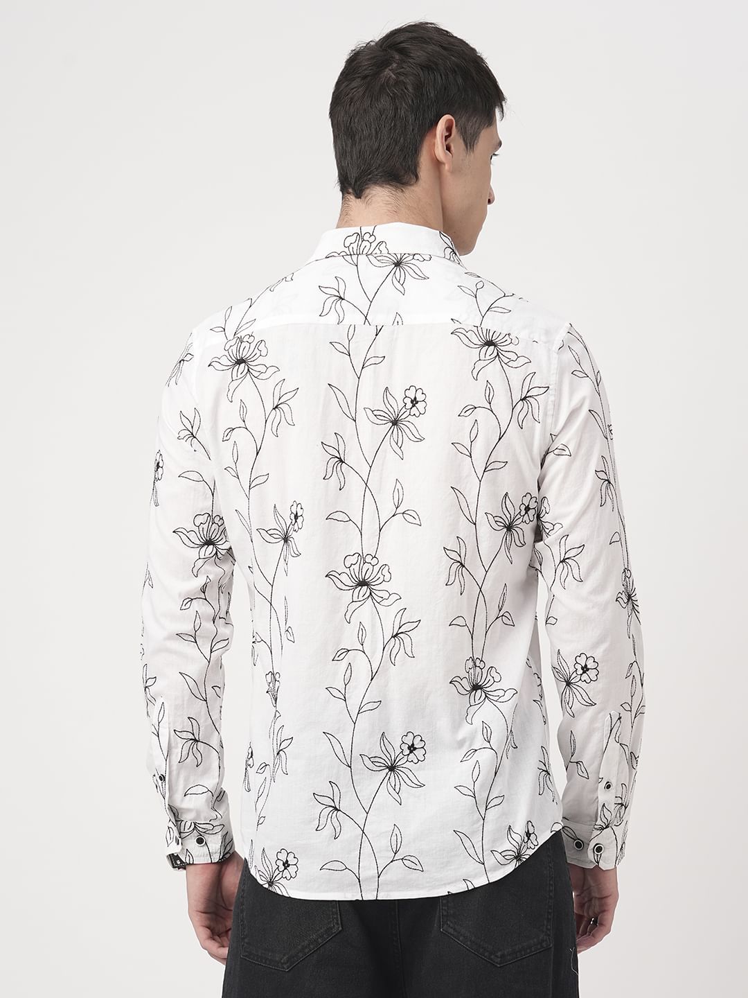 Lucullan Blooming Contrast Embroidered White Shirt
