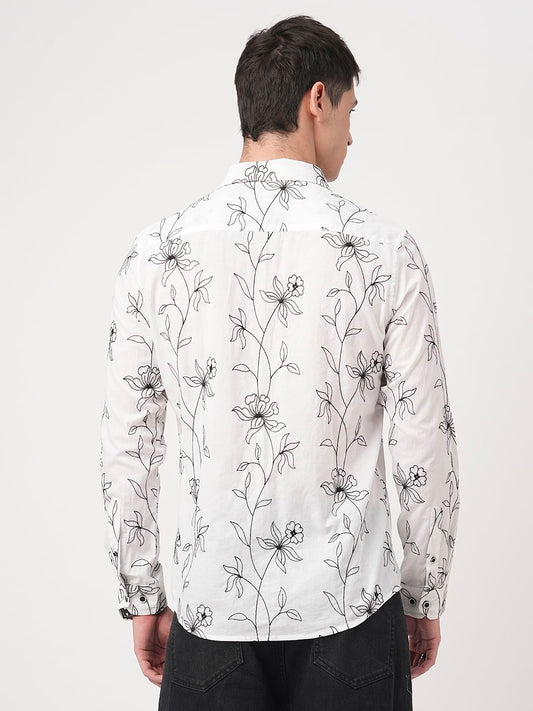 Lucullan Blooming Contrast Embroidered White Shirt
