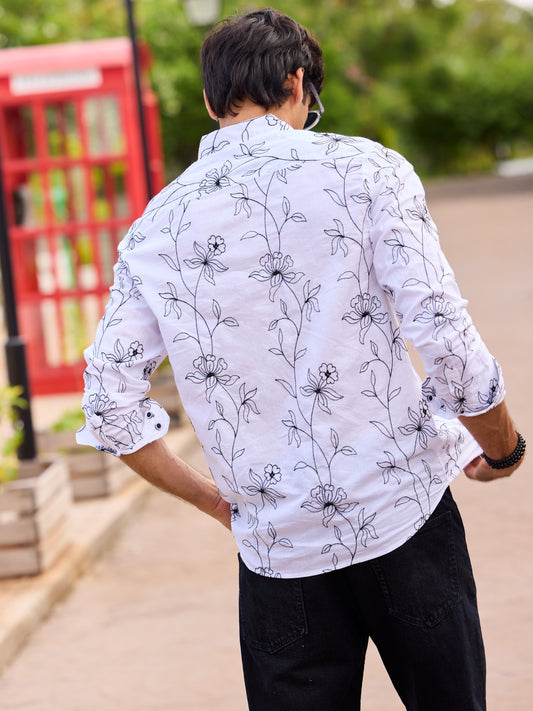 Lucullan Blooming Contrast Embroidered White Shirt