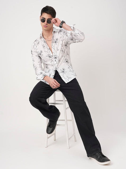 Lucullan Blooming Contrast Embroidered White Shirt