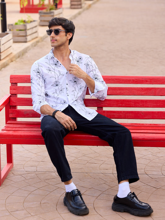 Lucullan Blooming Contrast Embroidered White Shirt
