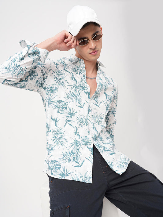 Exquisite White Hawaiian Printed Seersucker Shirt