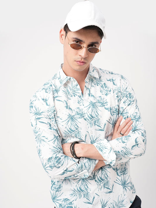 Exquisite White Hawaiian Printed Seersucker Shirt