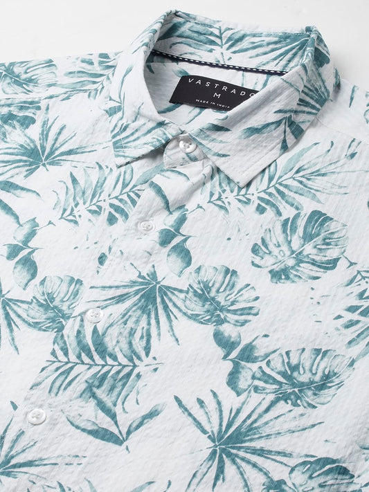 Exquisite White Hawaiian Printed Seersucker Shirt