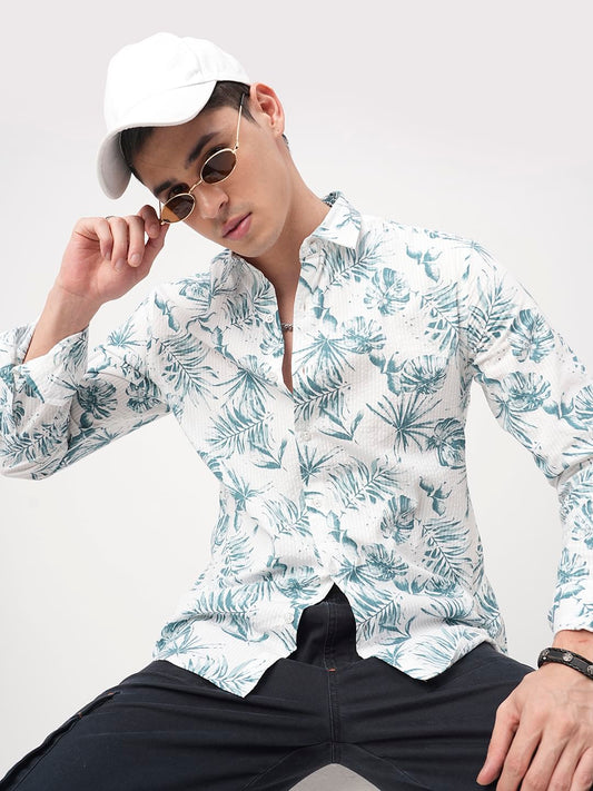 Exquisite White Hawaiian Printed Seersucker Shirt