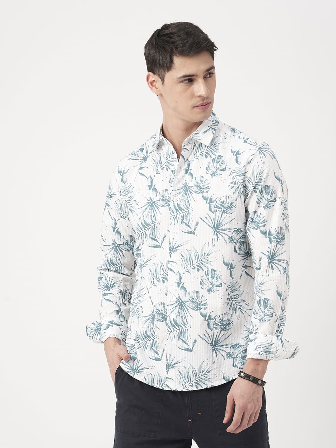 Exquisite White Hawaiian Printed Seersucker Shirt