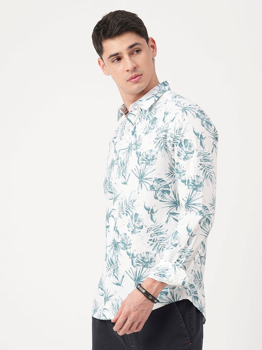 Exquisite White Hawaiian Printed Seersucker Shirt