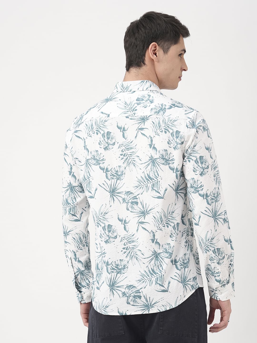 Exquisite White Hawaiian Printed Seersucker Shirt