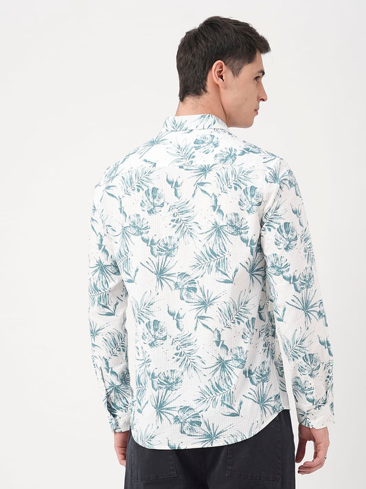 Exquisite White Hawaiian Printed Seersucker Shirt
