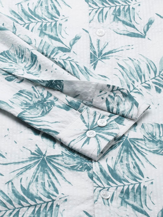 Exquisite White Hawaiian Printed Seersucker Shirt