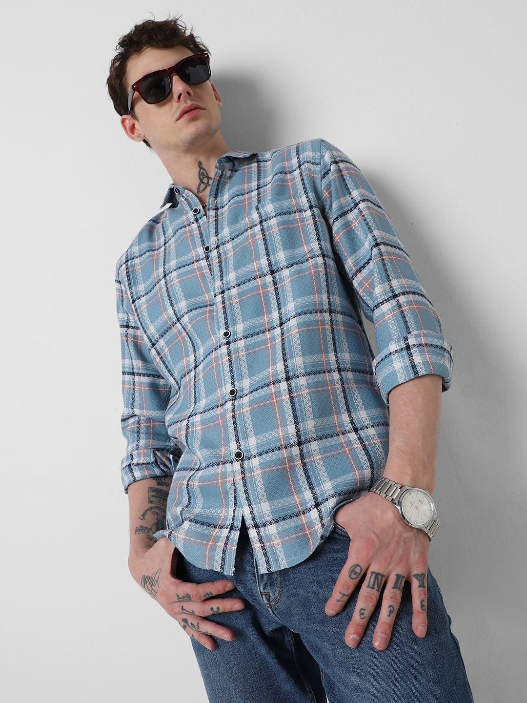 Tiffany Blue Diamond Jacquard Checkered Shirt