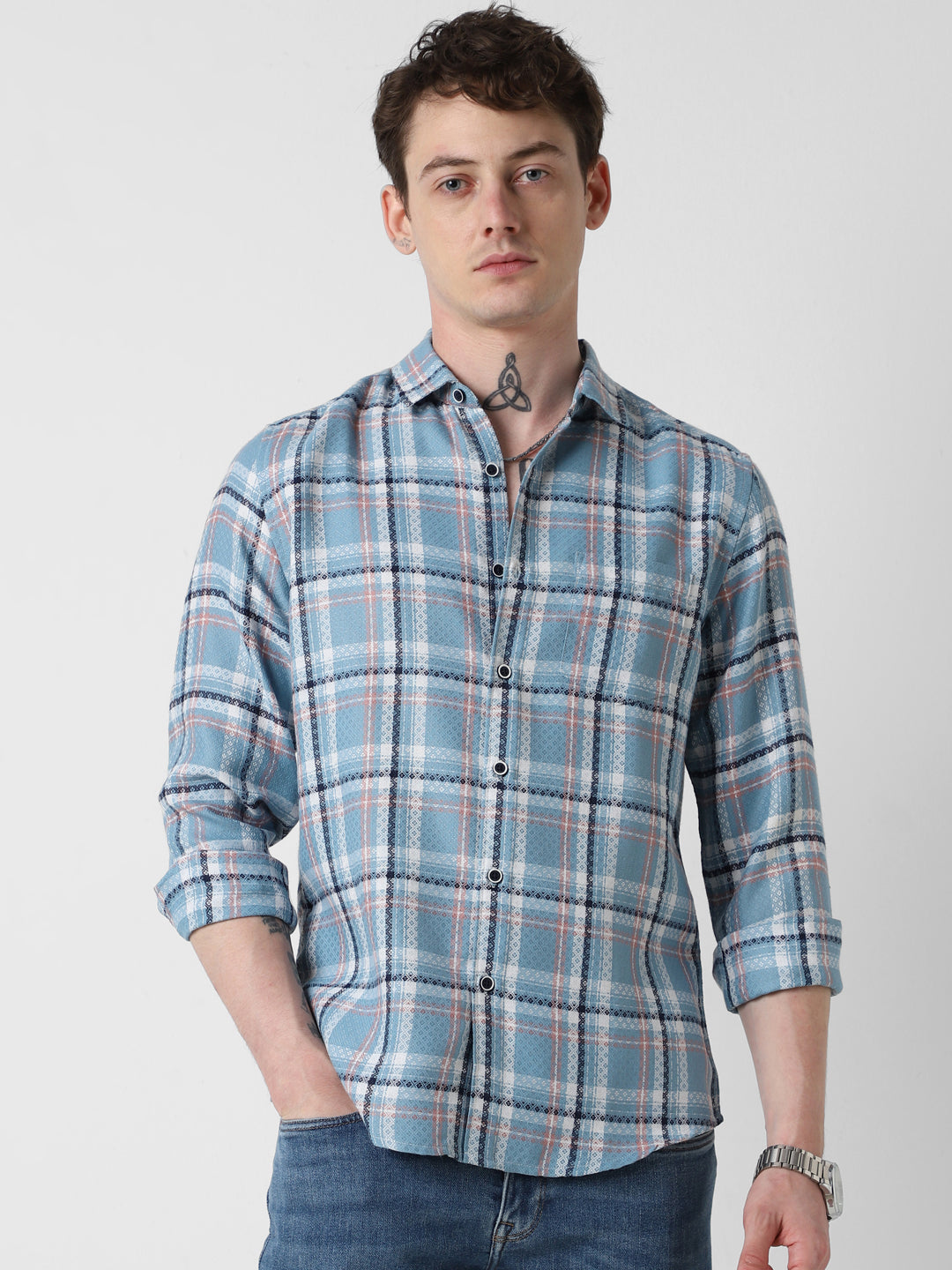 Tiffany Blue Diamond Jacquard Checkered Shirt