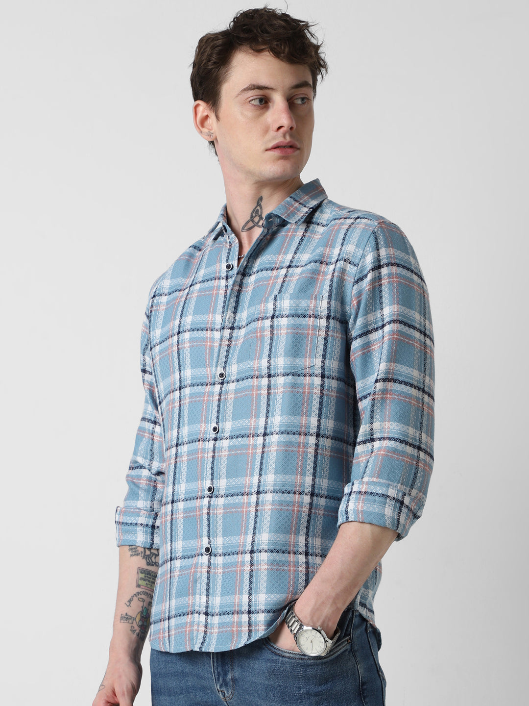 Tiffany Blue Diamond Jacquard Checkered Shirt