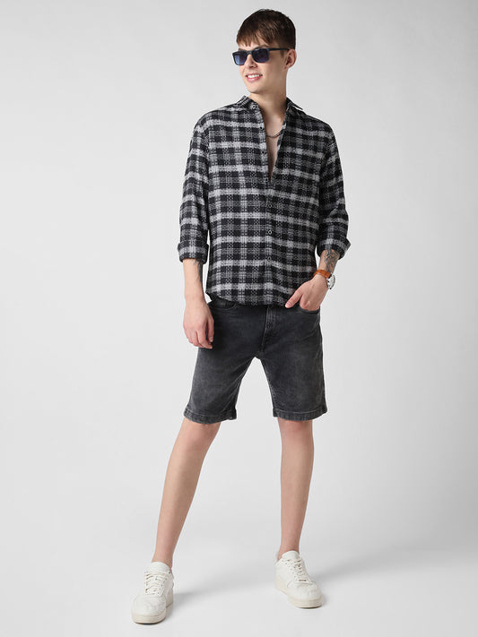 Black & White Plaid Checks Jacquard Shirt